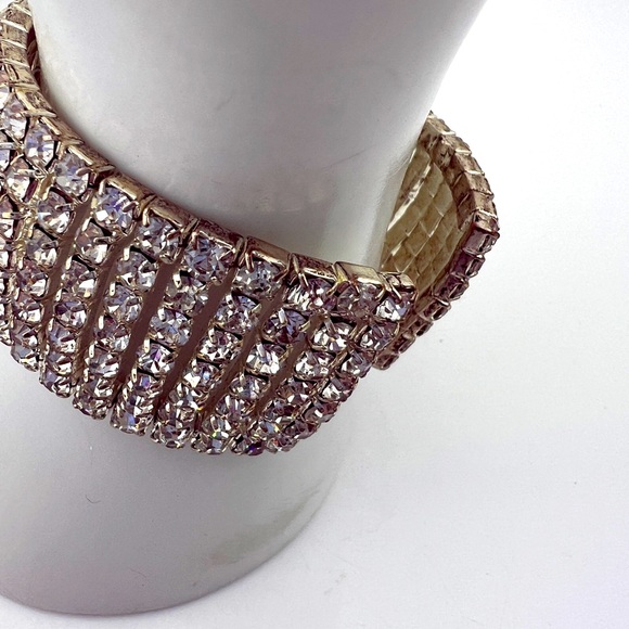 Elegant Silver Toned Rhinestone Crystal Wide Cuff Bracelet - Picture 3 of 5